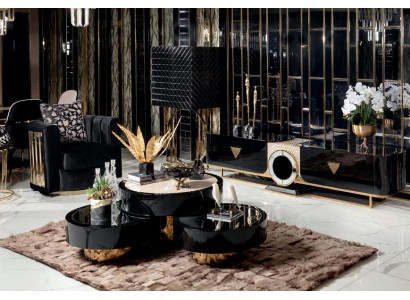 Wohnzimmer Set 5tlg Sessel Couchtisch Sideboard mit Spiegel Vitrine Luxus Holz