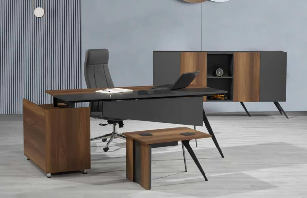 Arbeitstisch Schreibtisch Bürotisch mit Schrank Arbeitszimmer Braun-Grau