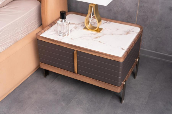 Schlafzimmer Komplett Bett mit 2x Nachttische Schlafzimmergarnitur Braun