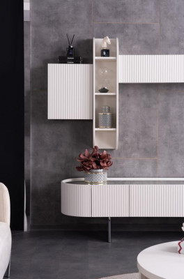 Wohnwand Couchtisch Sideboard Wandregal Verspiegelt Wohnzimmer Set Weiß
