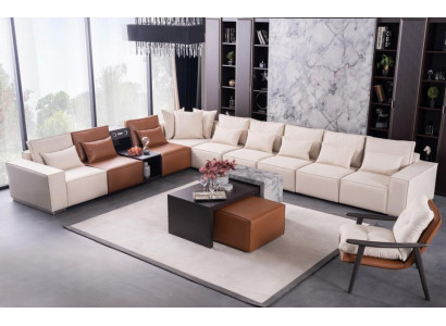 Ecksofa L-Form mit Soundsystem Couchtisch Pouf Sessel Couch Stoff Leder