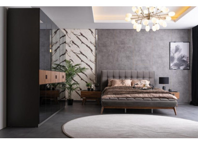 Bett 2x Nachttische Kleidershrank Verspiegelt Doppelbett Schlafzimmer Set