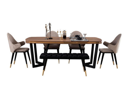 6tlg. Esszimmer Set Hochwertig Esstisch Bequem 4x Stühle Textil Hocker
