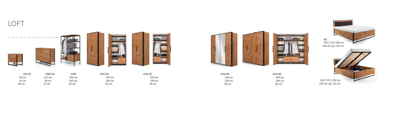 5 tlg. Komplett Set Holz Schlafzimmer Loft Stil Design Bett Kommode Schrank