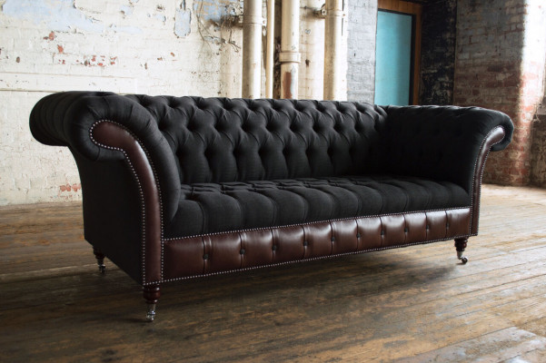 Chesterfield Original Sofa JVMoebel Couch Textil Sofas Couchen Stoff Schwarz Neu