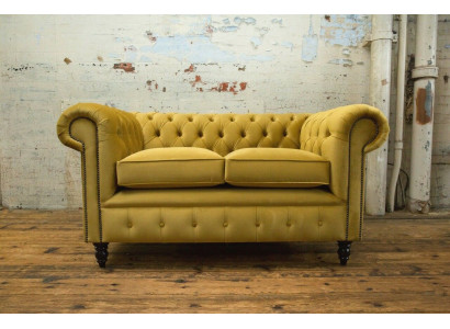 Chesterfield Sofa 2 Sitz Polster Couchen Couch Dreisitzer Gelb Sofas Samt Neu