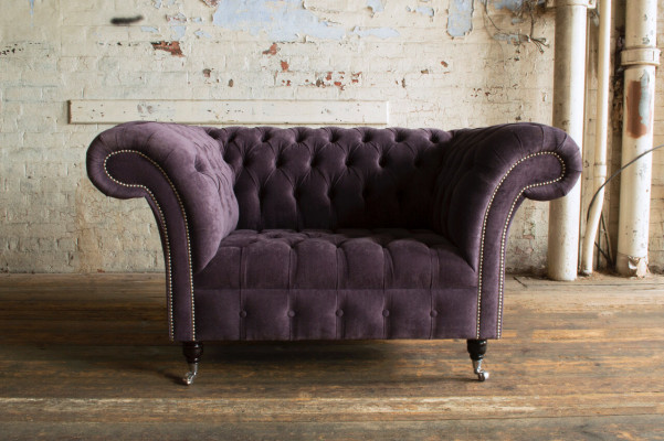 Chesterfield Sessel Couch Polster Sofa Couchen 1,5 Sitzer Einsitzer Lila Textil