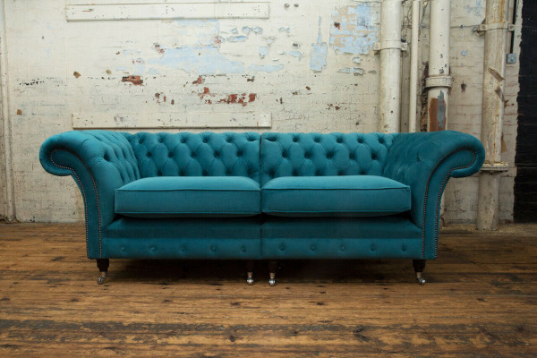 Sofas Chesterfield 3 Sitzer Couch Polster Sitz Textil Stoff Leder Couchen Turkis
