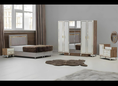 Weiß-Goldene Schlafzimmer Garnitur Schlafbett Kleiderschrank Kommode