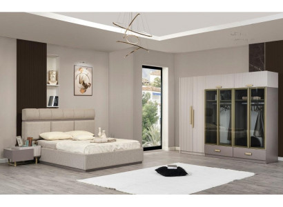Garnitur Schlafzimmer Doppelbett Nachttische Kleiderschrank Beige 4tlg