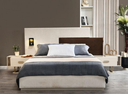 Weiße Schlafzimmer Garnitur Holz Nachttische Polster Doppelbett 3tlg Set
