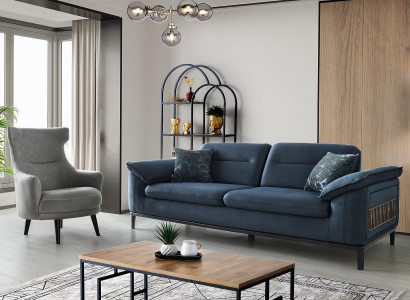 Blau-Graue Couchgarnitur Polster Dreisitzer Moderner Polster Sessel 2tlg