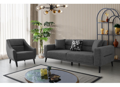 Graue Polstergarnitur Designer Couch 3-Sitzer Stoffsofa Einsitzer Sessel