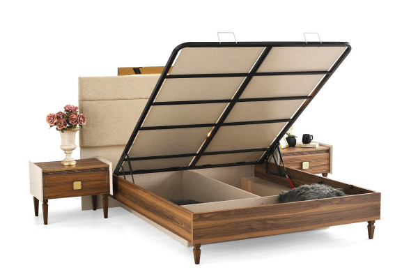 Braun-Beiges Schlafzimmer Set Designer Doppelbett 2x Nachtkonsolen 3tlg