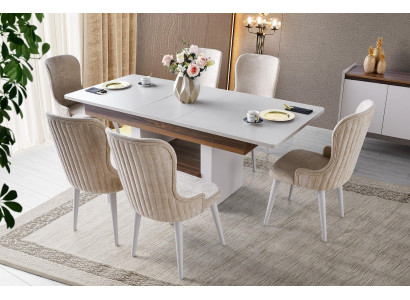 Beige Essgruppe Designer Holz Esstisch Polster 6x Stühle 7tlg Set Neu