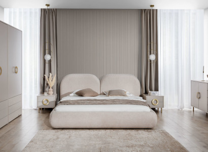 Beiges Schlafzimmer Set Doppelbett Kleiderschrank Kommode 2x Nachttische