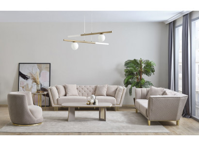 Weiße Chesterfield Wohnzimmer Garnitur 4+3 Sitzer Sessel Luxus Couchtisch