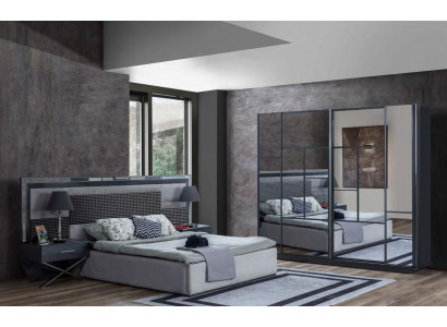 Schlafzimmer Graue Möbel Stilvolles Doppelbett Glas Kleiderschrank 4tlg