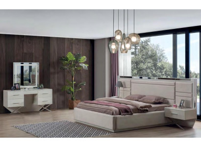 Modernes Beiges Schlafzimmer Set Polsterbett Schminktisch mit Schubladen