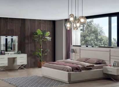 Modernes Beiges Schlafzimmer Set Polsterbett Schminktisch mit Schubladen