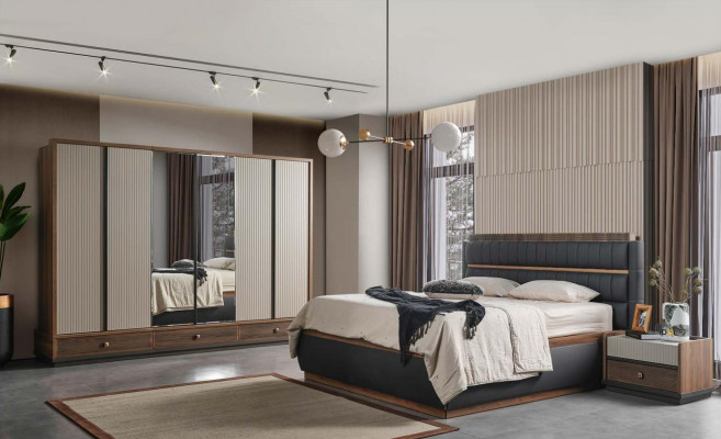Zweifarbige Schlafzimmer Designer Garnitur Doppelbett Schrank Kommode