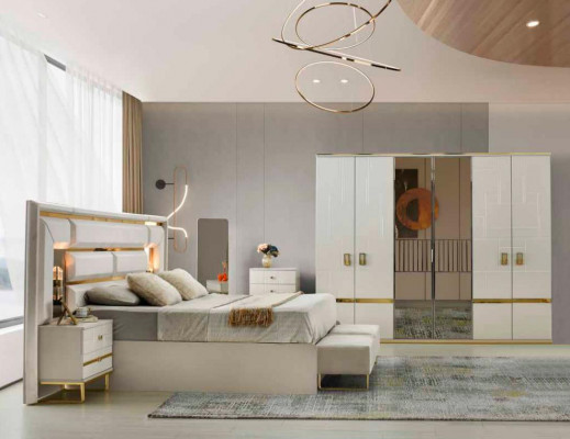 Schlafzimmer-Set 4tlg Bett Nahcttische Kleiderschrank Weiß Gold Zweifarbig