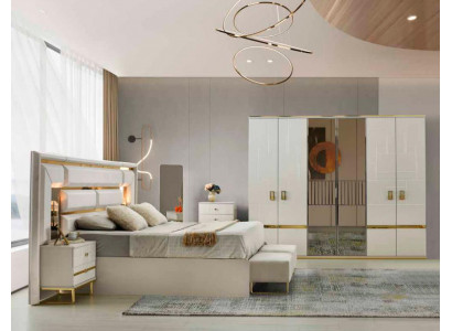 Schlafzimmer-Set 4tlg Bett Nahcttische Kleiderschrank Weiß Gold Zweifarbig