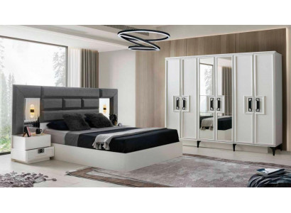 Schlafzimmer-Set Komplett 4tlg Bett Kleiderschrank Nachttische Weiß Grau Modern