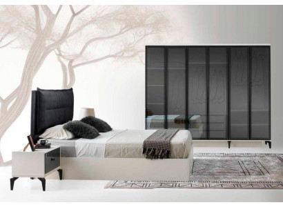 Schlafzimmer-Set 4tlg Weiß Schwarz Zweifarbig Bett Nachttische Kleiderschrank