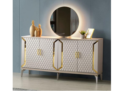 Esszimmer Sideboard mit Spiegel Anrichte Rechteckig Form Beige Einfarbig Stil