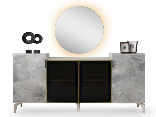 Esszimmer Set 6tlg Esstisch Stühle Sideboard mit Spiegel Anrichte Grau Modern