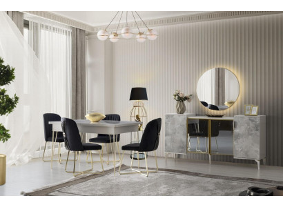 Esszimmer Set 6tlg Esstisch Stühle Sideboard mit Spiegel Anrichte Grau Modern