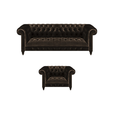 Braune Chesterfield Polster Garnitur Designer 3-Sitzer Textil Sessel 2tlg
