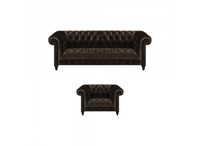 Braune Chesterfield Polster Garnitur Designer 3-Sitzer Textil Sessel 2tlg