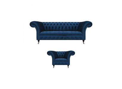 Blaue Chesterfield Garnitur Designer Dreisitzer Stoffsessel 2tlg Möbel