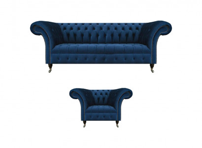 Blaue Chesterfield Garnitur Designer Dreisitzer Stoffsessel 2tlg Möbel