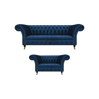 Edle Chesterfield Sofagarnitur Designer Blauer Dreisitzer Polster 2-er