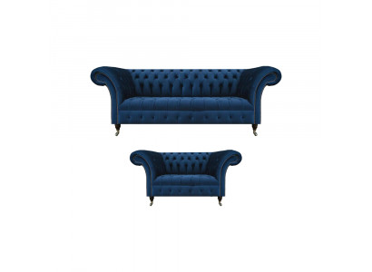 Edle Chesterfield Sofagarnitur Designer Blauer Dreisitzer Polster 2-er