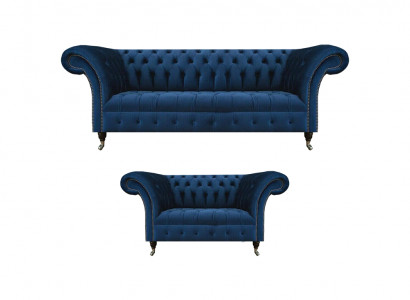 Edle Chesterfield Sofagarnitur Designer Blauer Dreisitzer Polster 2-er
