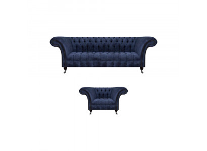 Blaue Chesterfield Stoffgarnitur Wohnzimmer Polster Sitzmöbel 2tlg Set