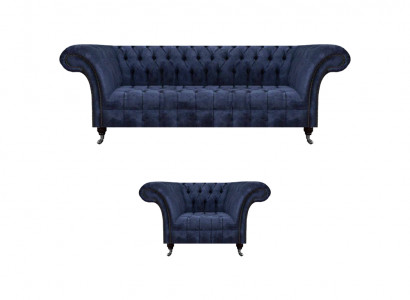 Blaue Chesterfield Stoffgarnitur Wohnzimmer Polster Sitzmöbel 2tlg Set