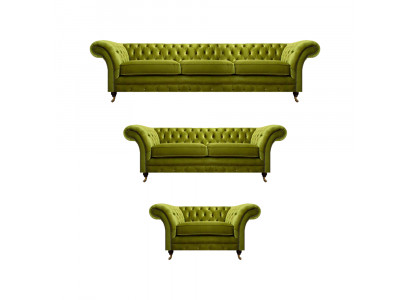 Olivengrüne Chesterfield Garnitur Wohnzimmer Sofagarnitur Luxus Set 3tlg