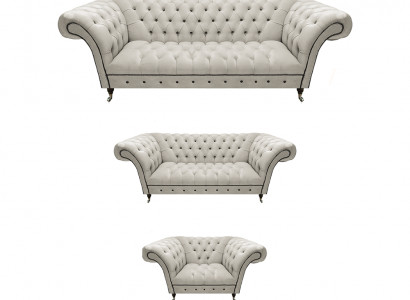 Weiße Chesterfield Ledersofas Wohnzimmer Sitzcouchen Komplettes Set 3tlg