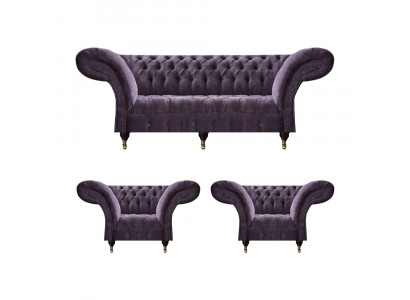 Lila Chesterfield Polstergarnitur Wohnzimmer 3-Sitzer Designer 2x Sessel