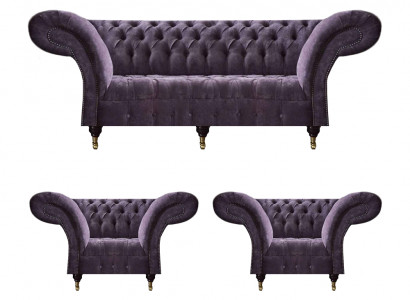 Lila Chesterfield Polstergarnitur Wohnzimmer 3-Sitzer Designer 2x Sessel