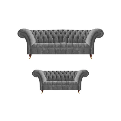 Wohnzimmer Graue Chesterfield Sofas Komplettes Set 3-Sitzer Zweisitzer