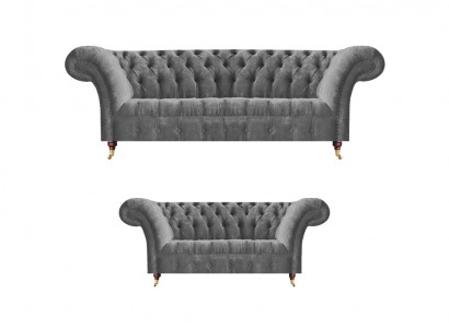 Wohnzimmer Graue Chesterfield Sofas Komplettes Set 3-Sitzer Zweisitzer