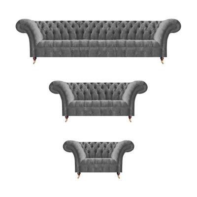 Edle Chesterfield Sofagarnitur Grauer Textil Viersitzer Polster Sessel