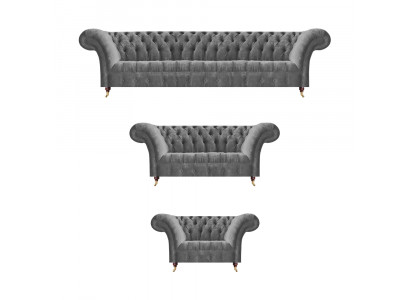 Edle Chesterfield Sofagarnitur Grauer Textil Viersitzer Polster Sessel