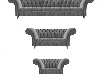 Edle Chesterfield Sofagarnitur Grauer Textil Viersitzer Polster Sessel